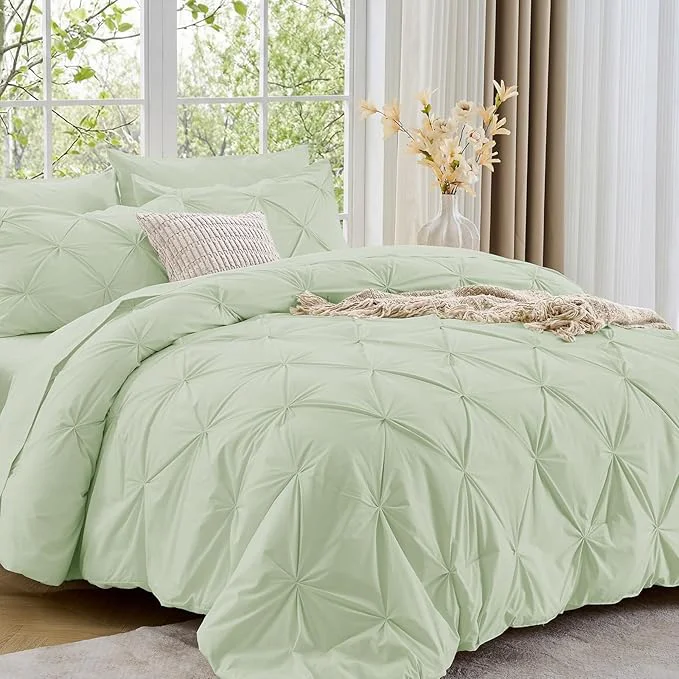 Genuine Sasttie California King Comforter Set 7-Piece Bed in a Bag Pintuck Bedding Sets for All Season Includes Comforter Flat Sheet Fitted Sheet Pillowcases and Pillowshams Mint Eco-Friendly