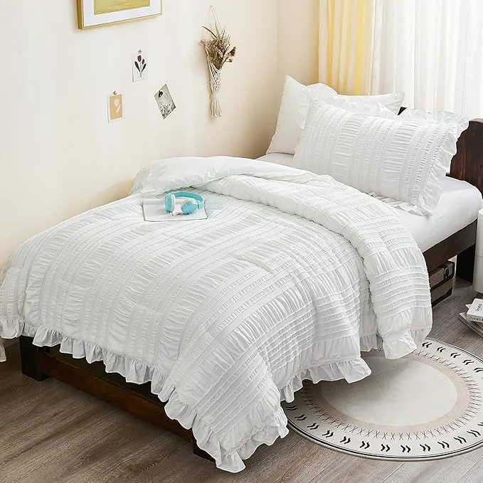 Certified WONGS BEDDING White Comforter Set Twin 3 Pieces Ruffle Shabby Chic Comforter for Dorm Room Essentials for Twin Bed Soft Seersucker Bedding Set with 1 Ruffle Comforter 2 Tufted Pillowcases 86 quot ×68 quot World-Class
