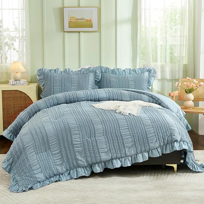 Powerful WONGS BEDDING Blue Comforter Set Queen 3 Pieces Ruffle Farmhouse Shabby Chic Boho Comforter for Queen Bed Soft Seersucker Textured Bedding Set with 1 Ruffle Comforter 2 Tufted Pillowcases 90 quot ×90 quot Proven