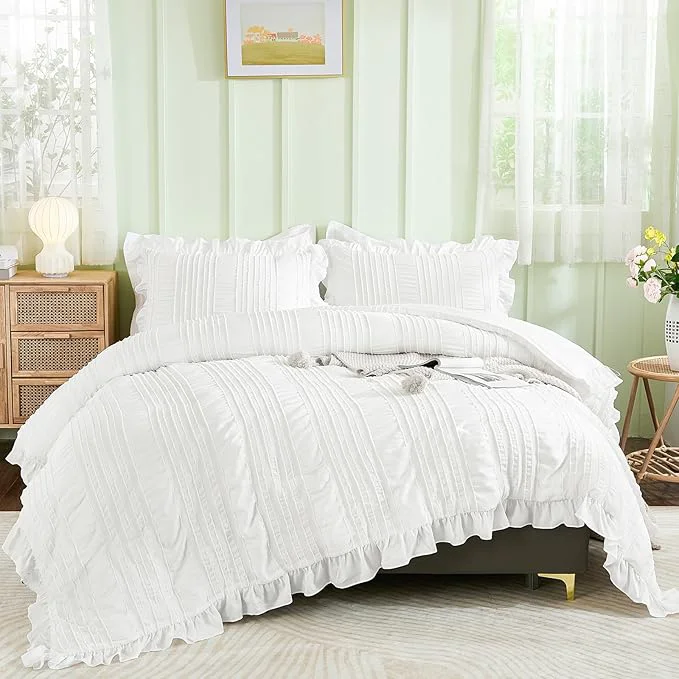 Traditional WONGS BEDDING White Queen Comforter Set Boho Ruffle Comforter for Queen Bed Soft Seersucker Shabby Chic Bedding Set with 1 Comforter 2 Tufted Pillowcases 90 quot ×90 quot Elite