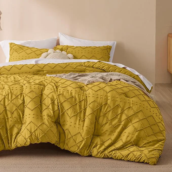 Verified Bedsure Queen Comforter Set – Mustard Yellow Comforter Boho Tufted Shabby Chic Bedding for Kids 3 Pieces Vintage Farmhouse Bed Set for All Seasons Fluffy Soft Bedding with 2 Pillow Shams Detailed