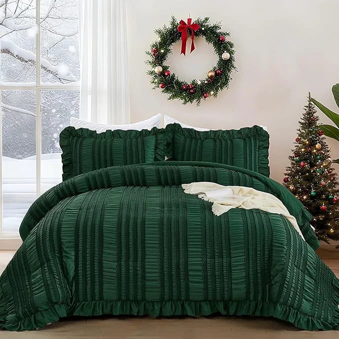 Next-Generation WONGS BEDDING Queen Size Comforter Christmas Emerald Green Boho Comforter Set Queen Shabby Chic Bedding Set for Bed 3 Pieces Soft Lightweight Farmhouse Comforter for All Season 90 quot ×90 quot Elegant
