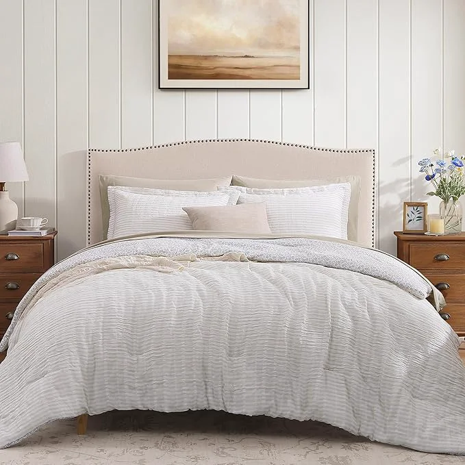 Pure Queen Comforter Set – 7 Pieces Beige Gauze Muslin Bedding Sets for All Seasons Lightweight Breathable Bed in a Bag Queen with Revesible Farmhouse Comforter Sheets Pillowcases amp Shams Dependable