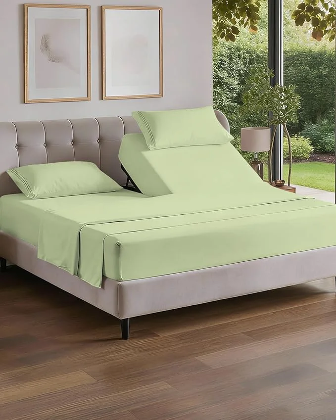 Sophisticated Flex Top Split Head King 4 Piece Sheet Set – Comfy Breathable amp Cooling Bed Sheets Set – Hotel Luxury Bedding for Women Men Kids Teens Boys amp Girls – Deep Pockets Soft Oeko-Tex Light Sage Green World-Class