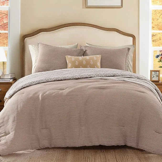 Fine Queen Comforter Set – 7 Pieces Dark Brown Gauze Muslin Bedding Sets for All Seasons Lightweight Breathable Bed in a Bag Queen with Revesible Farmhouse Comforter Sheets Pillowcases amp Shams Recyclable