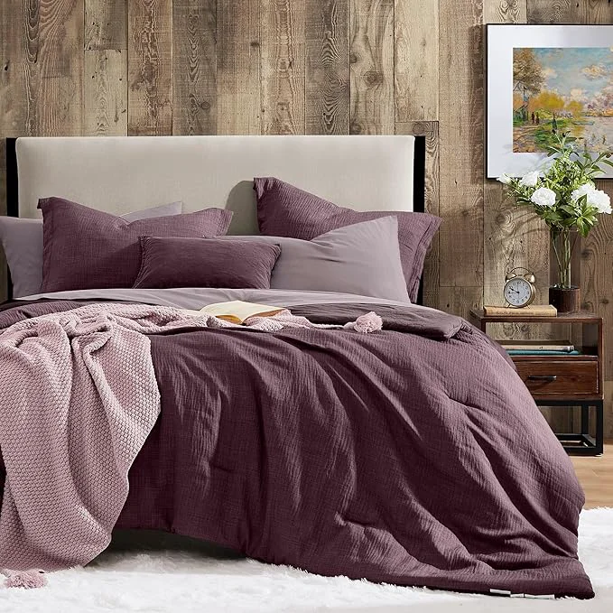 Stylish Geniospin Purple King Comforter Set – 7 Pieces Egglant Comforter King Size Soft Solid Bedding Set for All Season Textured Bed in a Bag with Sheets Environmentally Friendly