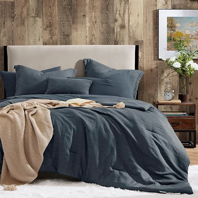 Genuine Geniospin Full Comforter Set – 7 Pieces Comforter Full Size Solid Bedding Sets for All Season Textured Bed in a Bag with Flat Sheet and Fitted Sheet Pillowcases and Shams Navy Blue 80 39 39 x90 39 39 Certified