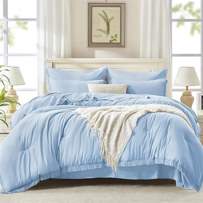 High-End Andency King Size Comforter Set with Sheets Light Blue – 7 Pieces Bed in a Bag Boho Soft Lightweight Bedding Sets Tassel Bed Set with Comforter Sheets Pillowcases amp Shams Organic