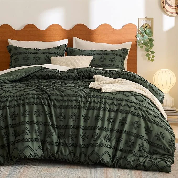 Certified Bedsure Tufted Boho Comforter Set Queen Size – Olive Green Boho Bed Set GentleSoft™ 3 Pieces Farmhouse Shabby Chic Home Decor Bedding Gifts for Woman Soft Jacquard Queen Comforter for All Seasons Detailed
