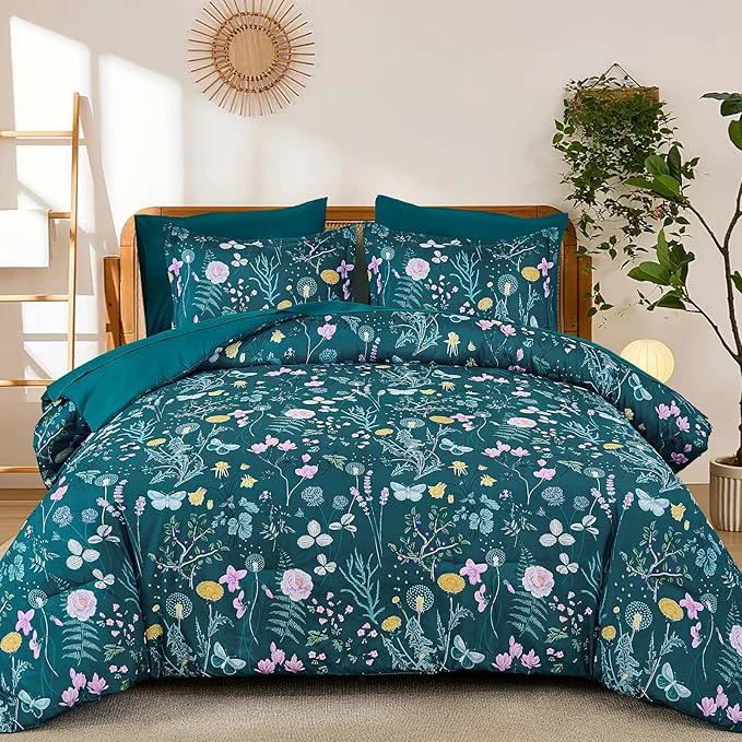 Fashionable Yiran Teal Blue Comforter Set King Size 7 Piece Floral Botanical Comforter Bedding Set Farmhouse Bed in a Bag Soft Microfiber Complete Bedding Set with Sheets for All Season Modern