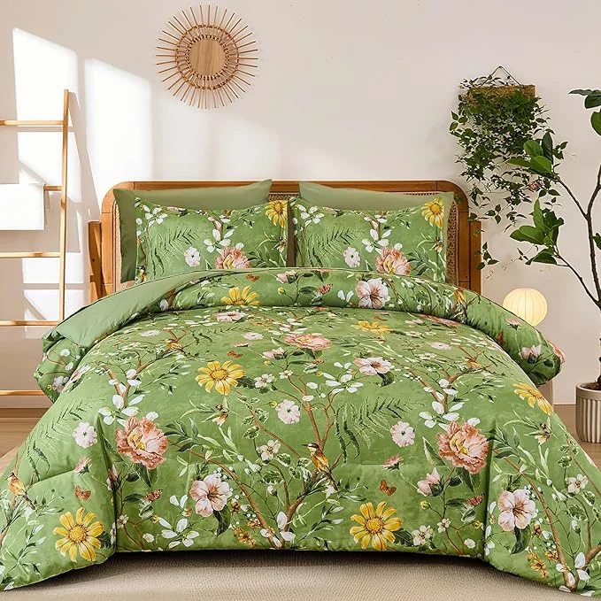 Powerful Yiran Sage Green Hibiscus Floral Comforter Set King Size 7 Piece Bird Flowers Botanical Comforter Bedding Set Vintage Bed in a Bag Soft Microfiber Complete Bedding Set with Sheets for All Season Artisan