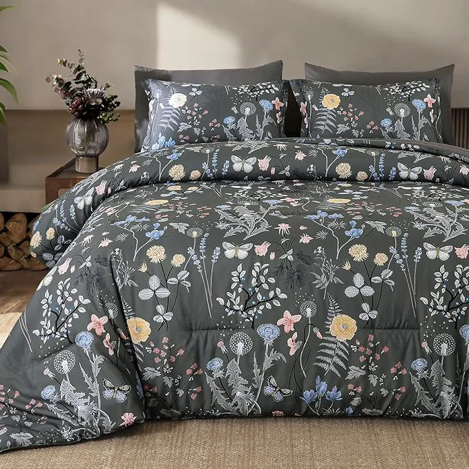 Expertly Made Yiran 7 Piece Grey Floral Comforter Set King Size Botanical Flowers Bed in a Bag King Soft Microfiber Complete Bedding Set with Sheets for All Season Green