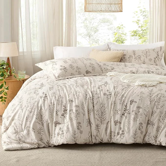 First-Class Bedsure King Comforter Set – Beige Bed Set 3 Pieces Cute Floral Bedding 1 Soft Botanical Flowers Comforter and 2 Pillow Shams High-End
