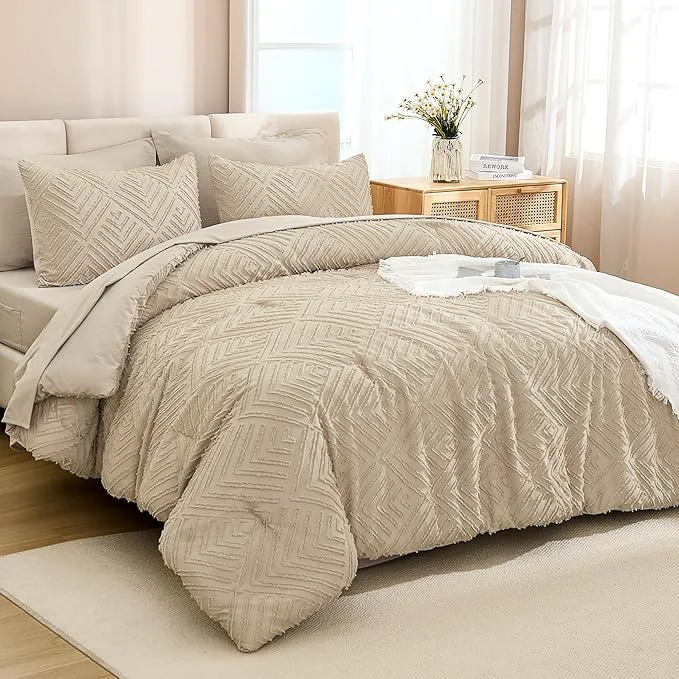 Premium Material Andency Khaki Super King Plus Size Comforter Set with Sheets – 7 Pieces Bed in a Bag Boho Tufted Bedding Sets Fluffy Lightweight Oversized King Bed Set with Comforter Sheets Pillowcases amp Shams Relaxed