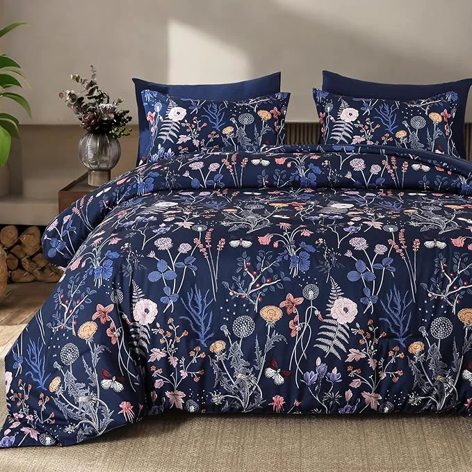 Pure Yiran Queen Comforter Set 7 Pieces Navy Blue Floral Soft Bedding Sets Queen Bed in a Bag with Botanical Flowers Winter Comforter Sheets Pillowcases amp Shams Artisan