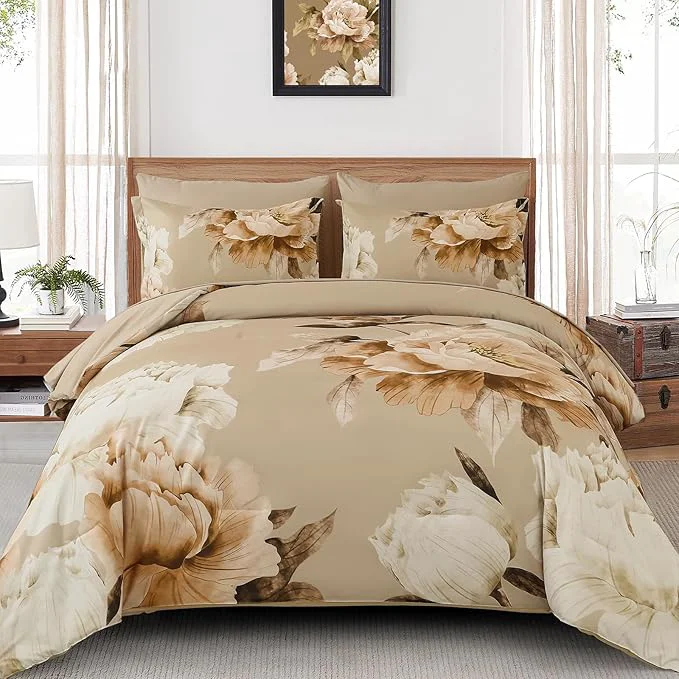Sustainable Dobuyly Khaki Queen Comforter Set 7 Piece Bed in a Bag Queen Size Taupe Floral Fall Comforter Set with Sheets Soft Microfiber Farmhouse Complete Bedding Set for All Season Superior