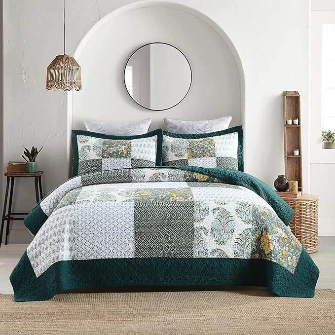 Elite Secgo Queen Comforter Set for Bed – Cotton Quilts Queen Size Green Emerald Bedspreads 90 98 Inch with 2 Pillow Shams Patchwork Reversible Lightweight Bedding Contemporary