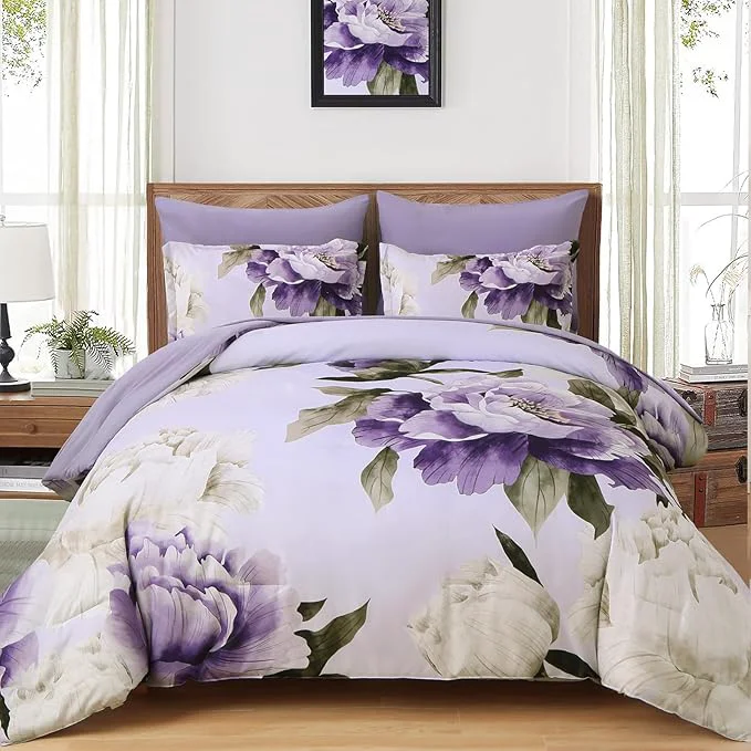 Casual Dobuyly Purple King Size Comforter Set 7 Piece Bed in a Bag Floral Printed on Light Purple Comforter Set with Sheets Soft Microfiber Complete Bedding Set Advanced