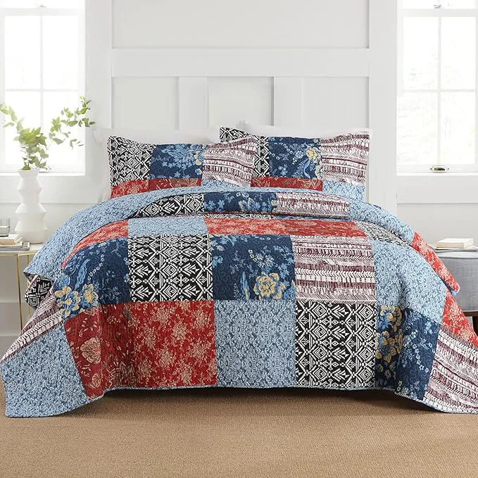 Modern Secgo Twin Comforter Set for Bed – Cotton Quilts Twin Size Black Bedspreads 68 86 Inch with 2 Pillow Shams Patchwork Reversible Lightweight Bedding Original