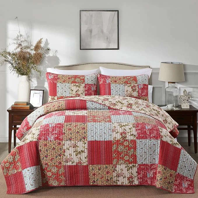 Official Secgo Queen Size Comforter Set- Cotton Quilt Queen Size Set Green Sage bedspreads 90 96 Inch with 2 Pillow Shams Patchwork Reversible Lightweight Bedding Soft