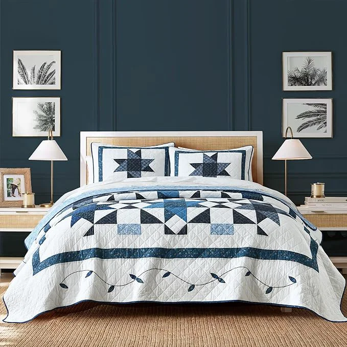 Flexible Secgo Handmade Quilted Cotton King Comforter Set for Bed – Cotton Quilts King Size Black Bedspreads 96 108 Inch with 2 Pillow Shams Patchwork Reversible Lightweight Bedding Clean
