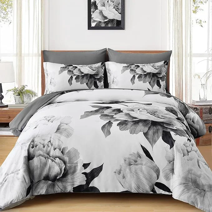 Luxury Dobuyly Grey Comforter Set King 7 Piece Bed in a Bag Gray Floral Printed on White Comforter Set with Sheets Soft Microfiber Botanical Farmhouse Bedding Set for All Season Consistent