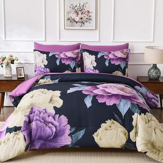 World-Class Dobuyly King Size Comforter Set Dark Purple 7 Piece Bed in a Bag Elegant Floral Comforter Set with Sheets Soft Microfiber Botanical Flower Bedding Set for All Season Trusted
