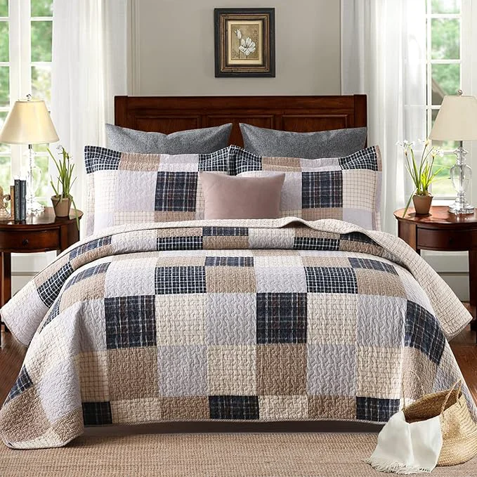Optimized PANGUSHAN Quilts Set Queen Size Cotton Quilt Patchwork Plaid Queen Quilt Bedding Set Bedspread Farmhouse Rustic Lightweight Comforter for Queen Bed Cream Brown Blue-Black Off-White Bed Spread Effective