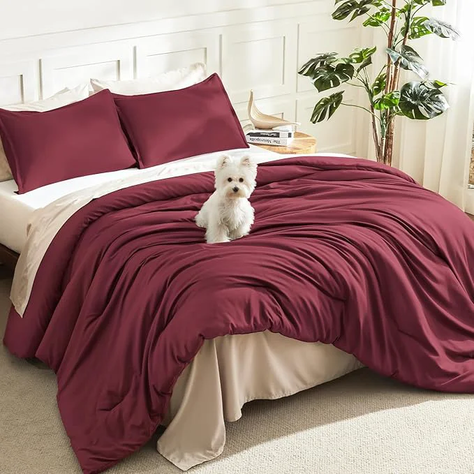 Stylish Litanika Burgundy Red Comforter Set King Size 3 Pieces Lightweight Solid Bedding Comforter Set All Season Fluffy Bed Set 104x90In Comforter amp 2 Pillowcases Verified