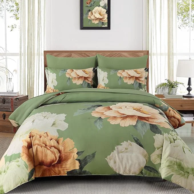 Carefully Designed Dobuyly King Size Comforter Set 7 Piece Bed in a Bag Olive Green Floral Comforter Set with Sheets Soft Microfiber Botanical Flower Bedding Set for All Season Easy-to-Use