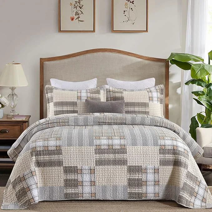 Enhanced PANGUSHAN Quilts Sets King Size Cotton King Quilt Bedspreads Bedding Set Patchwork Plaid Quilt for King Bed Tan Grey Farmhouse Rustic Quilt Bed Spread Reversible Lightweight Comforter 3 Pieces Proven