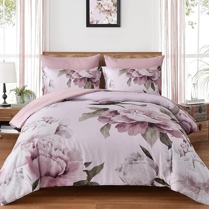Crafted Dobuyly Pink Full Size Comforter Set 7 Piece Bed in a Bag Blush Floral Printed on Light Pink Comforter Set with Sheets Soft Microfiber Botanical Bedding Set for All Season Enhanced