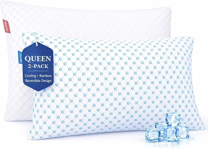 Classic Nestl Cooling Pillows Queen Size Set of 2 Luxury Shredded Memory Foam Pillows for Sleeping 2 Pack Adjustable Cold Gel Pillow for Hot Sleepers Supportive Cool Pillow for Side Back Stomach Sleepers Natural