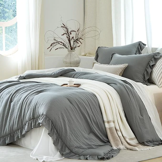 Breathable Grey Ruffle Comforter Set Twin Pre-Washed Shabby Chic Bedding Set Lightweight Cottagecore Soft Romantic Cozy 1 Comforter amp 1 Sham All-Season Luxury