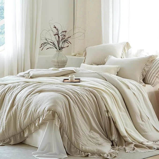 Solid Beige Ruffle Comforter Set King Pre-Washed Shabby Chic Bedding Set Lightweight Cottagecore Soft Romantic Cozy 1 Comforter amp 2 Shams All-Season