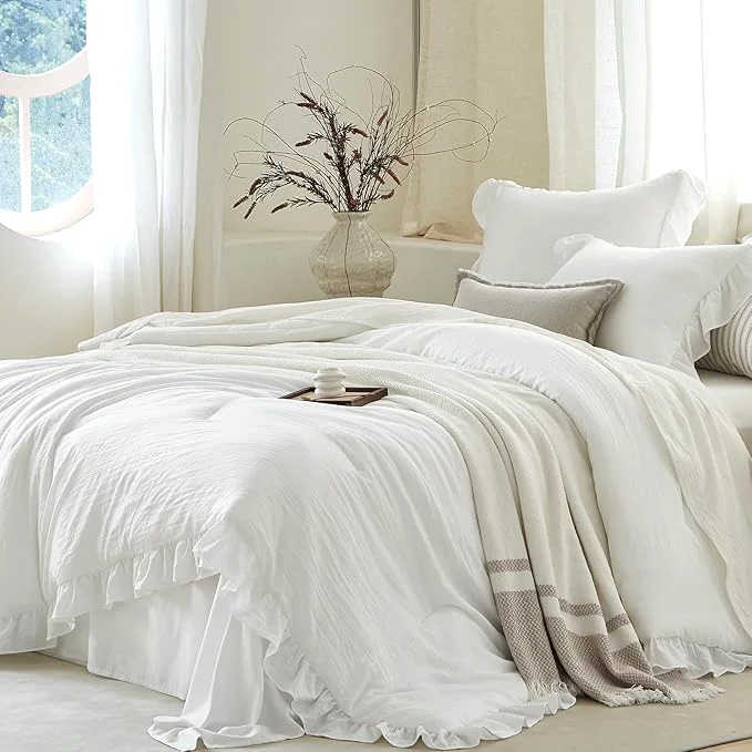 Professional White Ruffle Comforter Set Twin Pre-Washed Shabby Chic Bedding Set Lightweight Cottagecore Soft Romantic Cozy 1 Comforter amp 1 Sham All-Season Natural