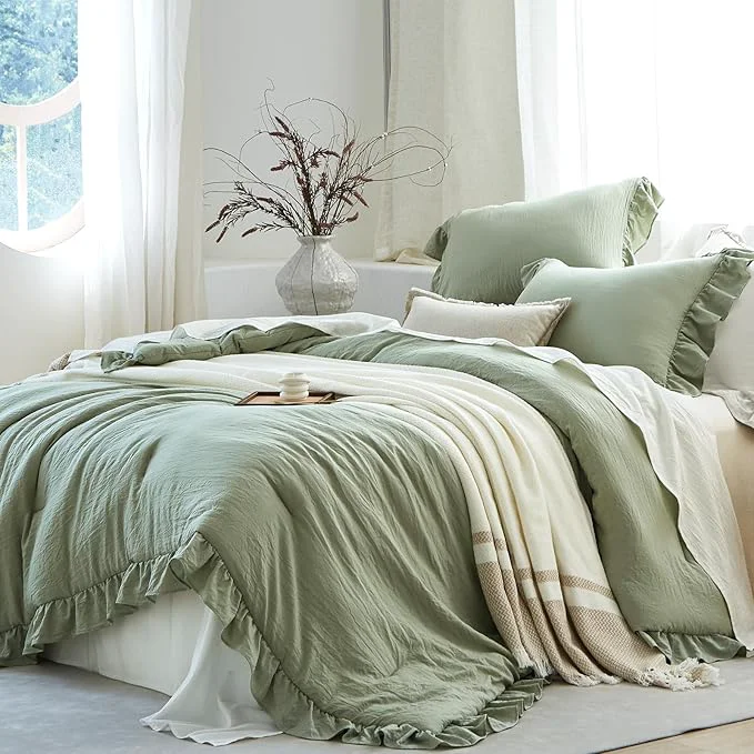 Contemporary Sage Green Ruffle Comforter Set Queen Pre-Washed Shabby Chic Bedding Set Lightweight Cottagecore Soft Romantic Cozy 1 Comforter amp 2 Shams All-Season Trusted