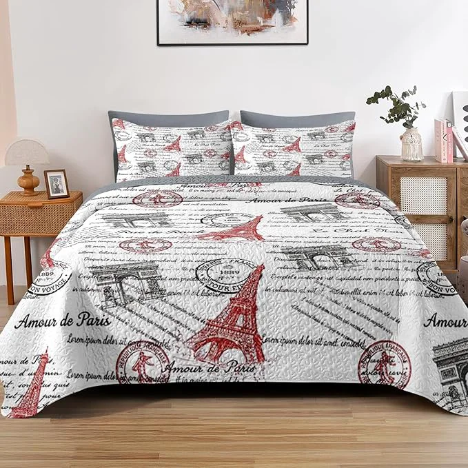 Durable Quilt Set Twin Size Paris Vintage Eiffel Tower 2 Pcs Soft Bed Cover Bedding Set for Kids and Adults France Old Iron Lightweight Bedspread Coverlet with Pillow Sham for All Season Detailed