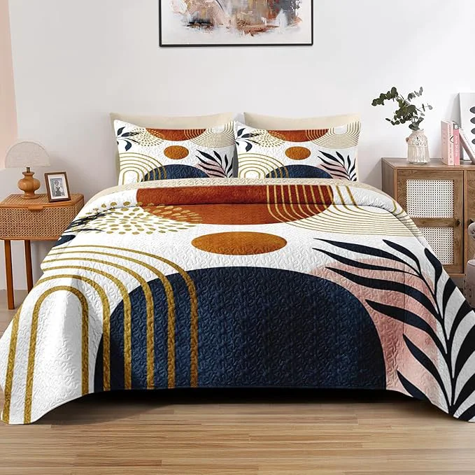 Organic Quilt Set Full Queen Size Gold Yellow Mid Century 3 Pcs Soft Bed Cover Bedding Set for Kids and Adults Sun Boho Geometric Leaf Lightweight Bedspread Coverlet with Pillow Sham for All Season Prestigious