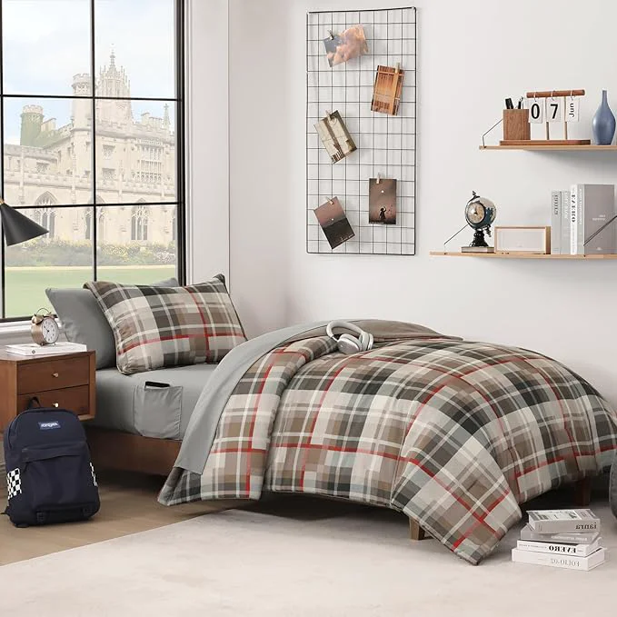 Unique MaiRêve Twin XL Comforter Set Plaid Design Comforter Set 5 Pieces Twin XL Comforter for Dorm Farmhouse All Season Lightweight amp Comfy with Fitted Sheet Flat Sheet Khaki 66 quot x90 quot Effective