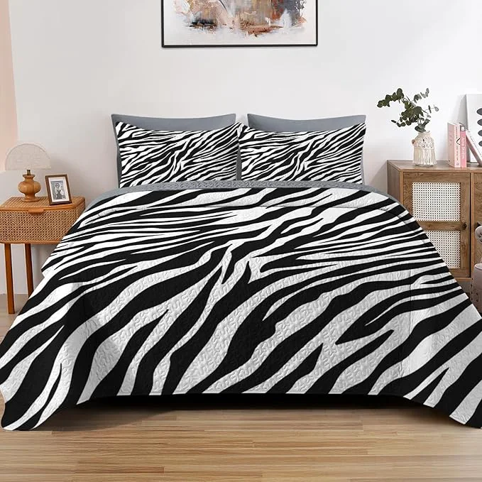 Long-Lasting Quilt Set Full Queen Size Zebra Stripe Animal 3 Pcs Soft Bed Cover Bedding Set for Kids and Adults Black White Lightweight Bedspread Coverlet with Pillow Sham for All Season Reusable