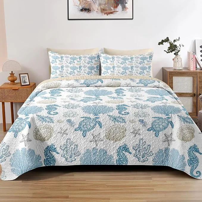 Traditional Quilt Set Full Queen Size Sea Shell Coral Seahorse 3 Pcs Soft Bed Cover Bedding Set for Kids and Adults Starfish Nautical Lightweight Bedspread Coverlet with Pillow Sham for All Season Exclusive