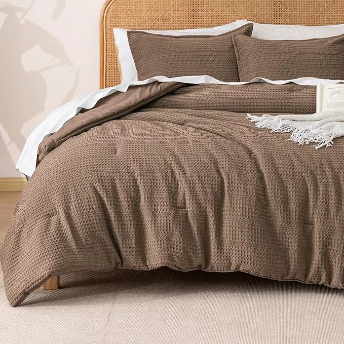 Professional PHF Soft Waffle Comforter Set Twin Size- Comfy Breathable Waffle Weave Comforter with 1 Pillow Shams 2 Pieces Less Snagging Lightweight Textured Bedding Set for All Season Cocoa Brown High-Performance