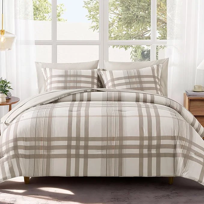 MaiRêve Queen Comforter Set Brown Grey Classic Plaid Farmhouse Bedding Sets 7 Pieces All Season Lightweight Bed in a Bag with Sheets Pillowcases amp Shams Elegant