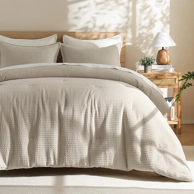Effective PHF Soft Waffle Comforter Set King Size- Comfy Breathable Waffle Weave Comforter with 2 Pillow Shams 3 Pieces Less Snagging Lightweight Textured Bedding Set for All Season Natural Linen Expertly Made
