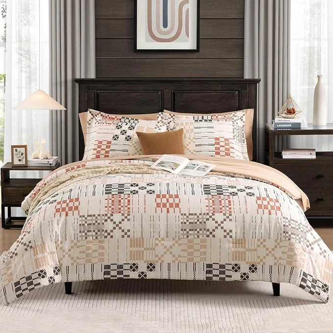 Authentic MaiRêve Full Size Comforter Sets Classic Plaid Farmhouse Bedding Sets 7 Pieces Beige All Season Bed in A Bag with Sheets Pillowcases amp Shams High-Performance
