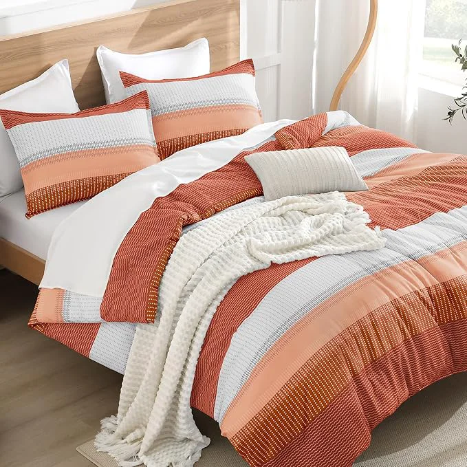 Prestigious Litanika Burnt Orange California King Comforter Set – 3 Pieces Boho Terracotta Cal King Oversized Lightweight Summer Rust Colorblock Stripe Bedding Set 104x96In 2 Pillowcases Premium