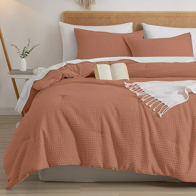 Detailed PHF Soft Waffle Comforter Set King Size- Comfy Breathable Waffle Weave Comforter with 2 Pillow Shams 3 Pieces Less Snagging Lightweight Textured Bedding Set for All Season Terra Cotta Crafted