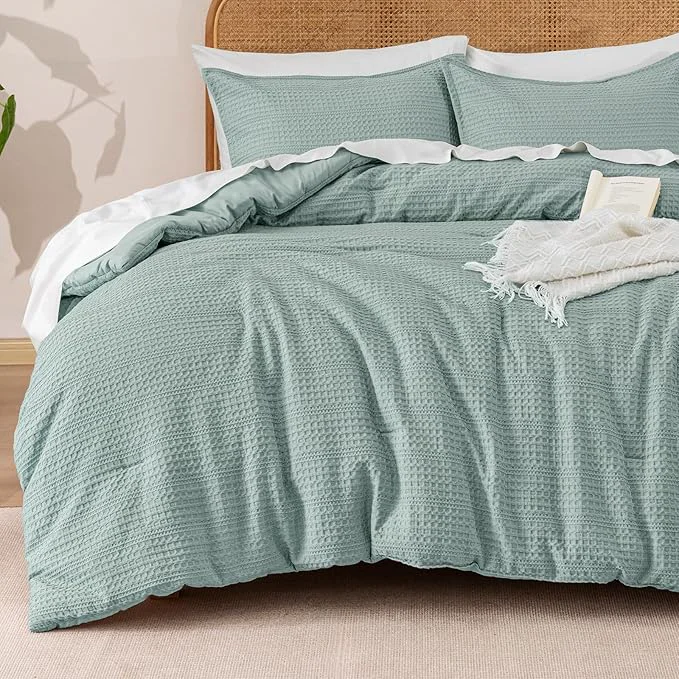 Luxury PHF Soft Waffle Comforter Set Queen Size- Comfy Breathable Waffle Weave Comforter with 2 Pillow Shams 3 Pieces Less Snagging Lightweight Textured Bedding Set for All Season Dusty Blue Fine Crafted