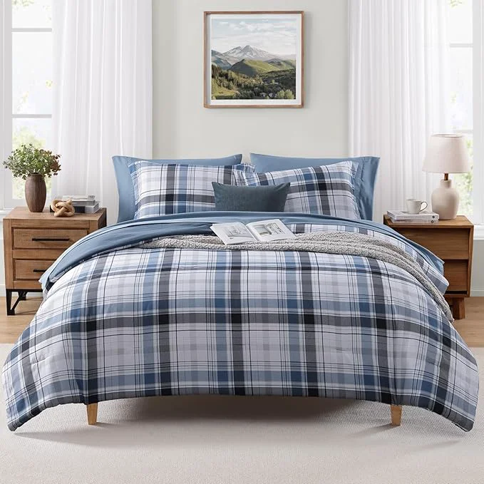 Effective MaiRêve Full Size Plaid Comforter Set Lake Blue Classic 7 Pieces Farmhouse Bedding Set All Season Lightweight Bed in A Bag with Sheets Pillowcases amp Shams Powerful